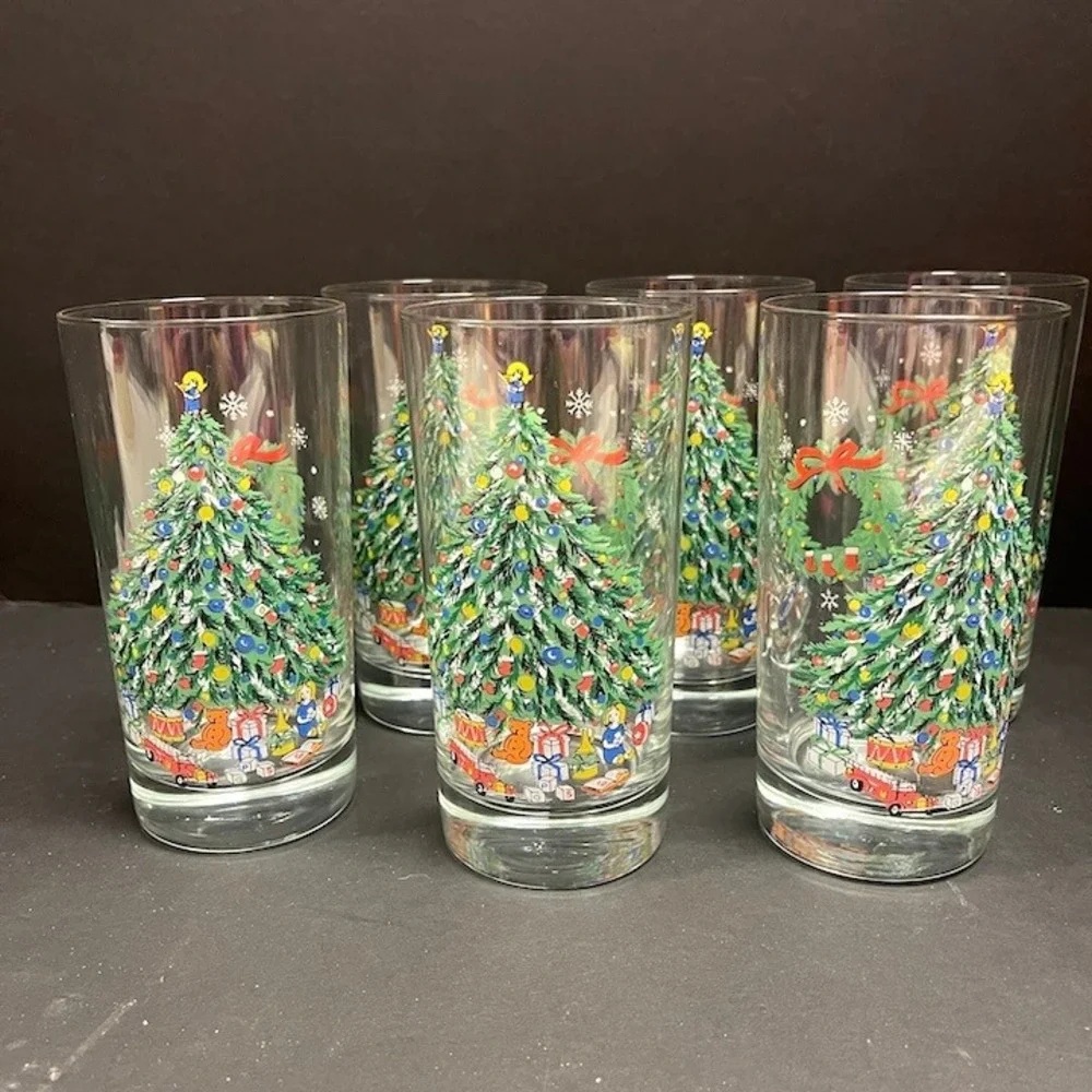 Set of 6 Christmas‎ Tree Highball Glasses Holiday Drinkware with Storage Case